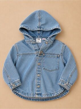 Zara Girls Hooded Denim Jacket Size 2-3T Light Wash Jean Jacket
